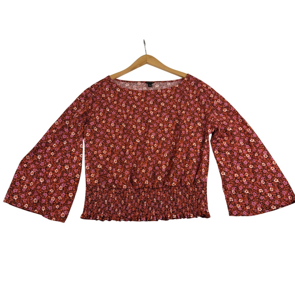 Ann Taylor Floral Smocked Peplum Blouse Orange Pink Bell Sleeve Top Large 2731